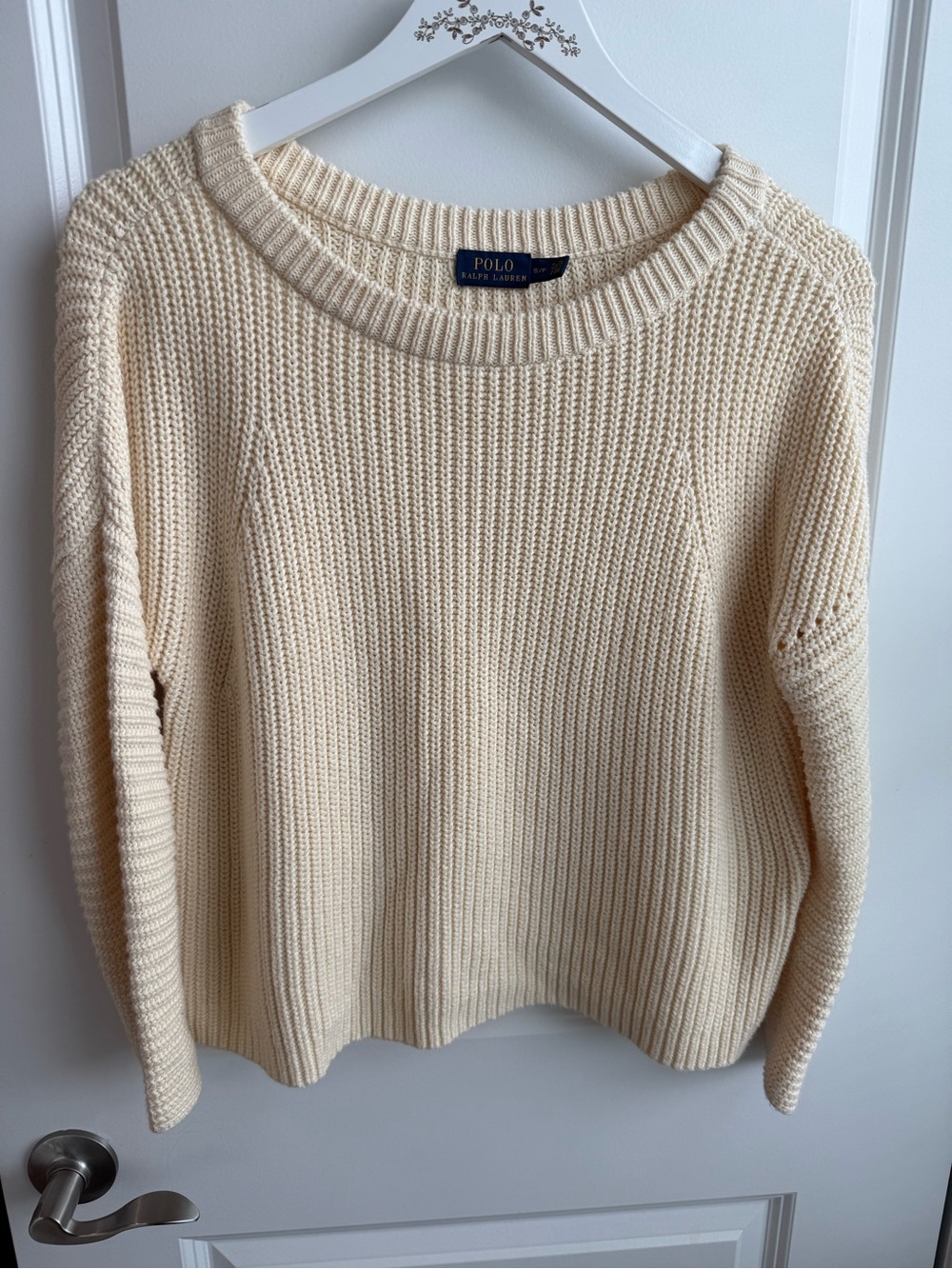 Polo Ralph Lauren 100% Cotton Knit Crewneck Sweater Cream Ivory Small Fisherman